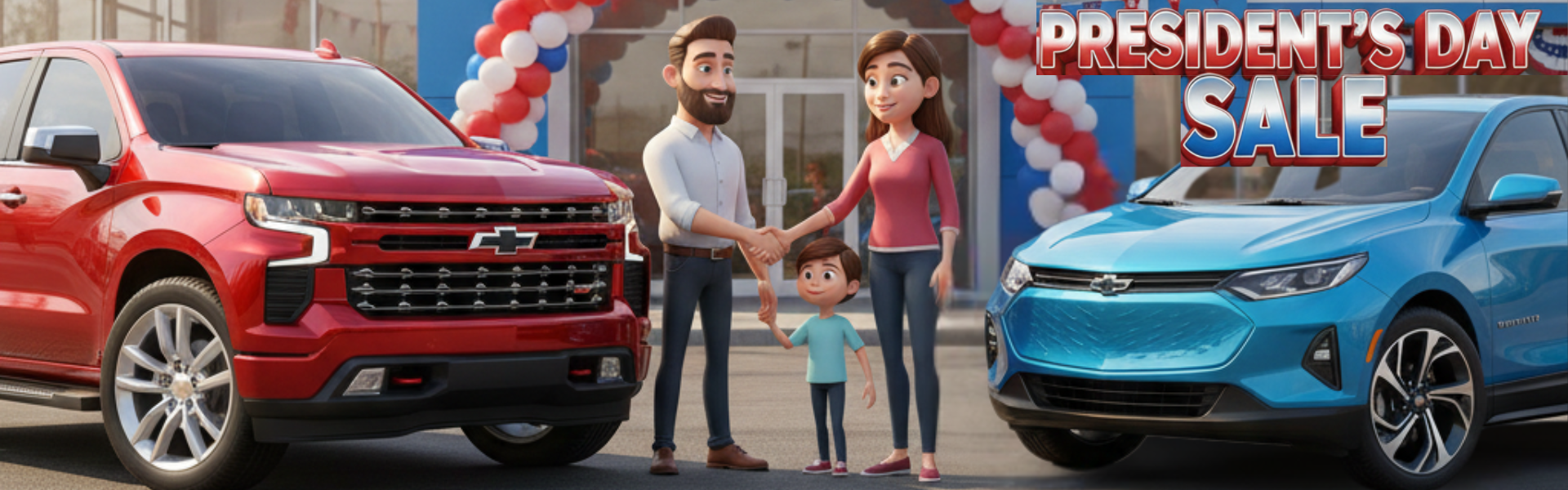 a couple shaking hands in front of a car dealership